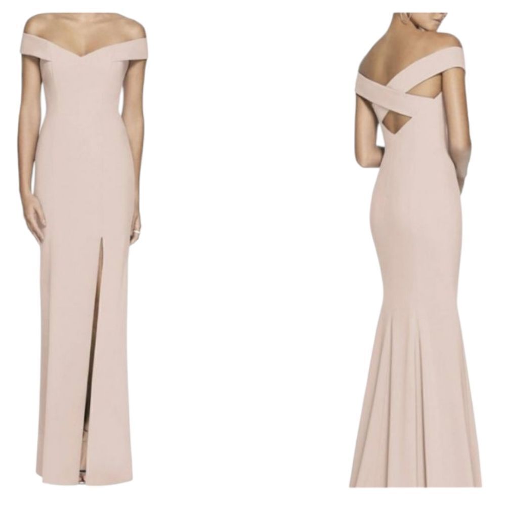 NWT Dessy Collection Off-Shoulder Light Pink Maxi Dress 3012 Cross Back Size 8